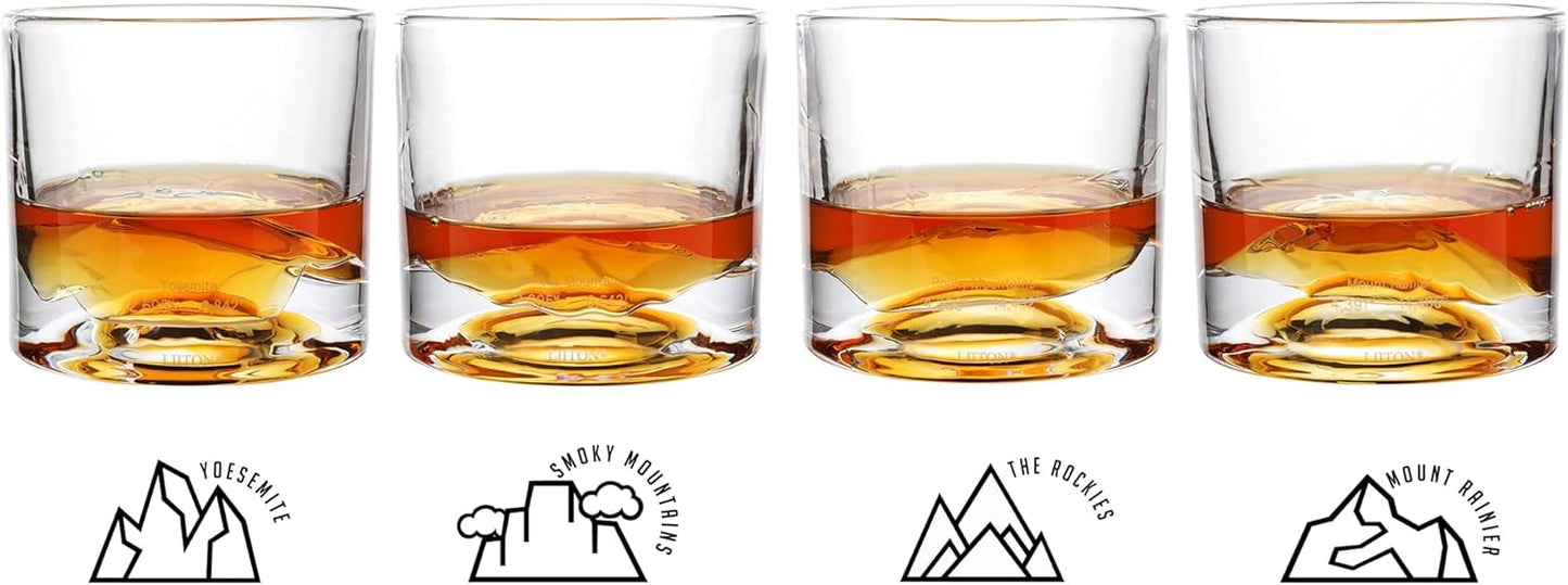 American Peaks Heavy Crystal Whiskey Glasses Gift Set of 4, Thick Freezable Bourbon Glass 1lb Each