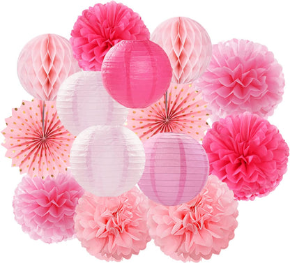 Rose Hot-Pink Party Decorations Streamers - 14pcs Girl Birthday Baby Shower Paper Lanterns