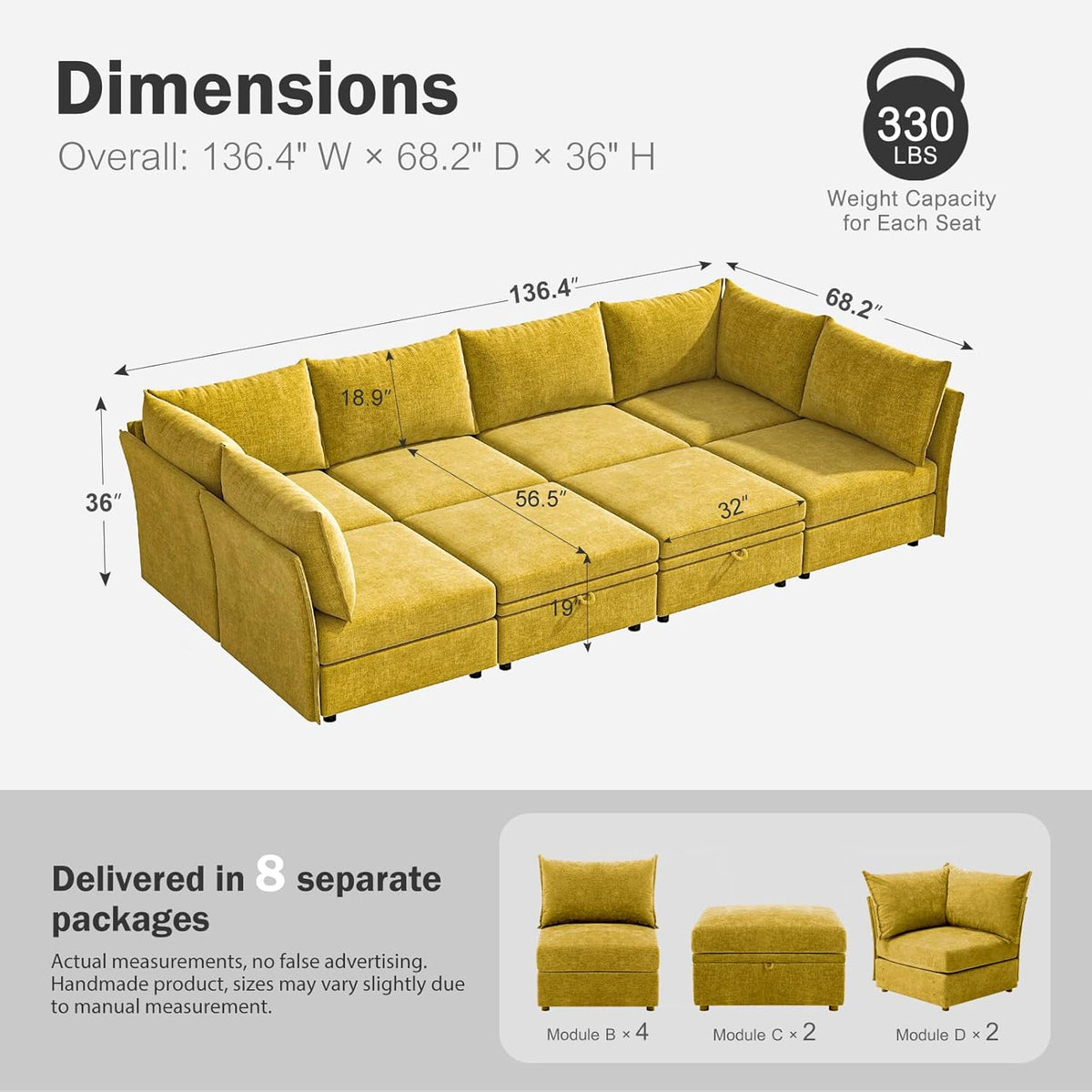136.4" Oversized Modular Sectional Sleeper Sofa Bed, U Shaped Convertible Couch with Movable