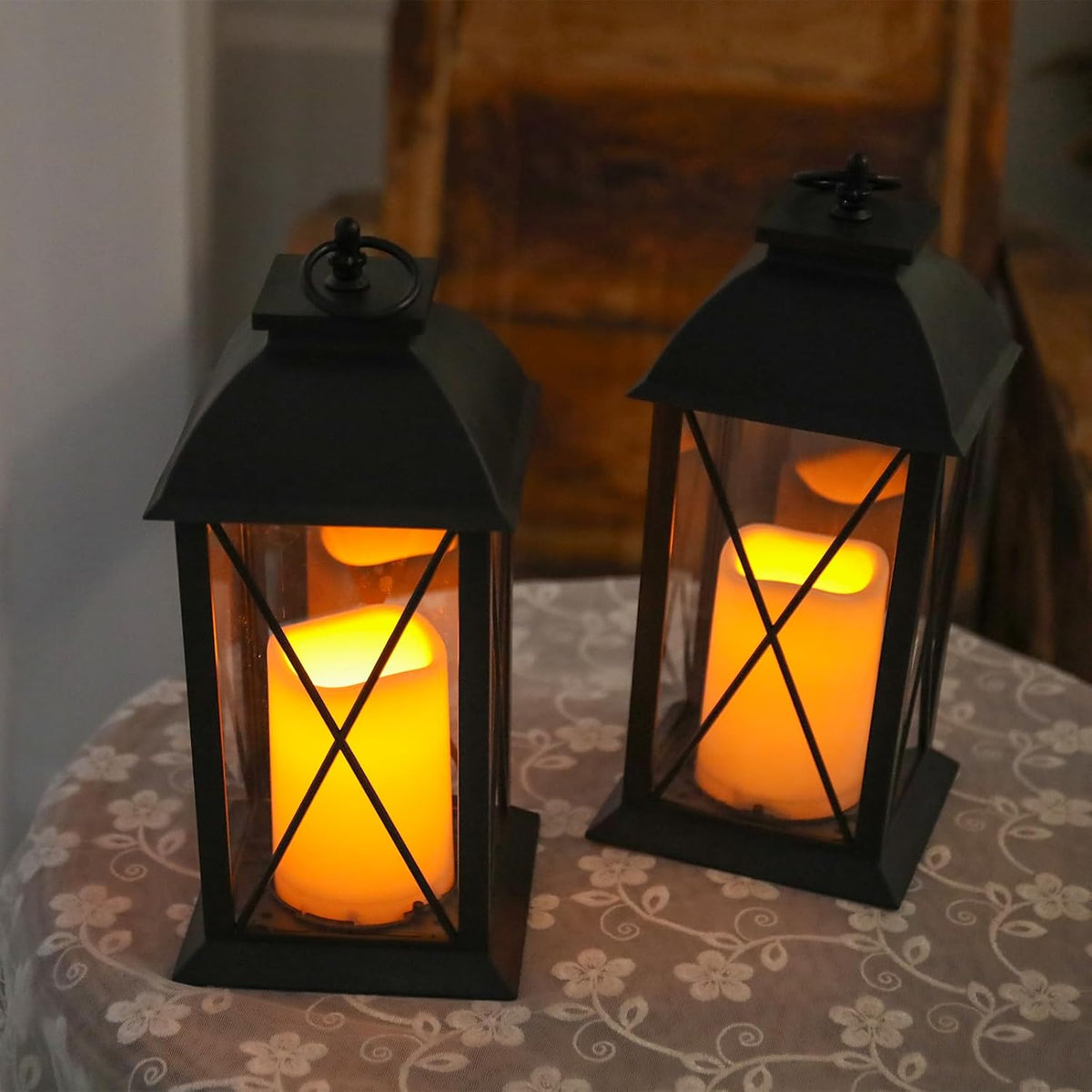 2 Pack 13-Inch Black Decorative Lantern with LED Candle, Battery Operated, Lightweight and Durable
