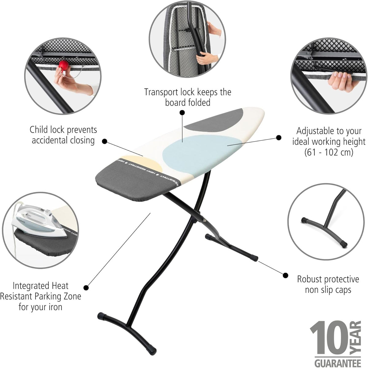 Brabantia Size D Ironing Board (53x18 in) Heat Resistant Parking Zone, Silver Frame, Non-Slip Feet