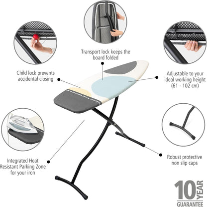 Brabantia Size D Ironing Board (53x18 in) Heat Resistant Parking Zone, Silver Frame, Non-Slip Feet