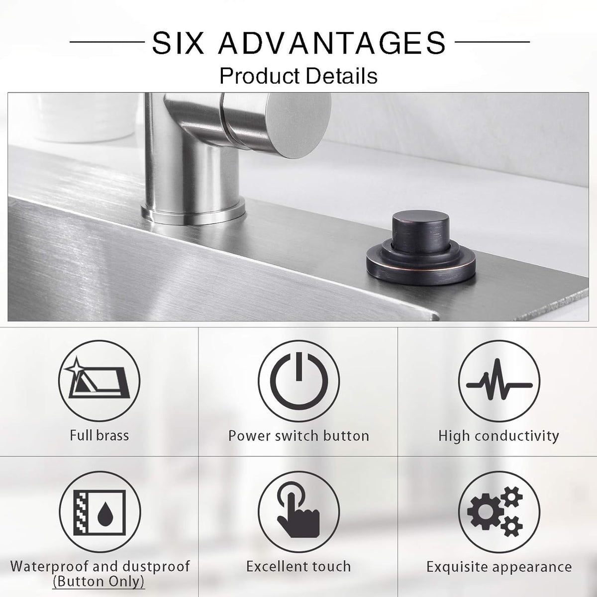 SinkTop Air Switch Kit (Long Full Brass Button) for Garbage Disposal, Cordless Oil Rubbed Bronze