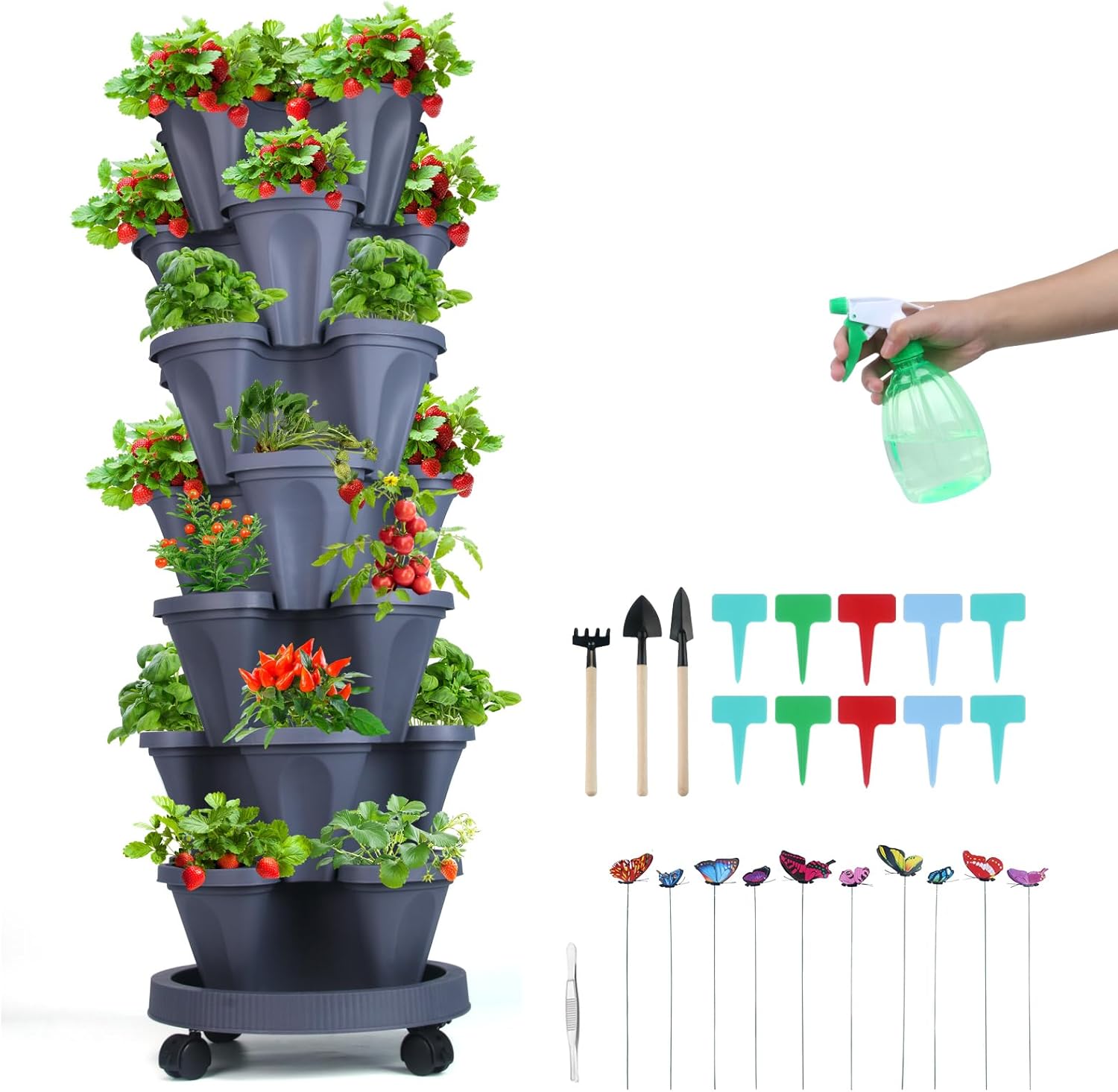 Vertical Planter, 7 Tier Stackable Strawberry Planter with Garden Tool Set, Movable Indoor/Outdoor
