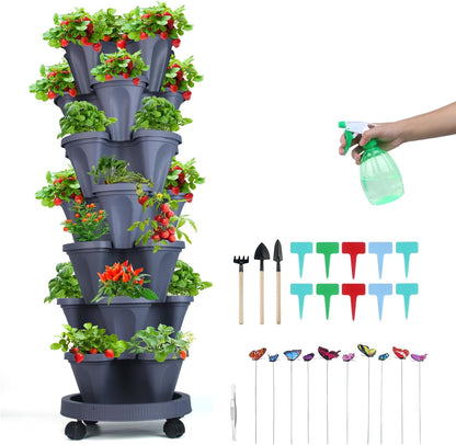 Vertical Planter, 7 Tier Stackable Strawberry Planter with Garden Tool Set, Movable Indoor/Outdoor