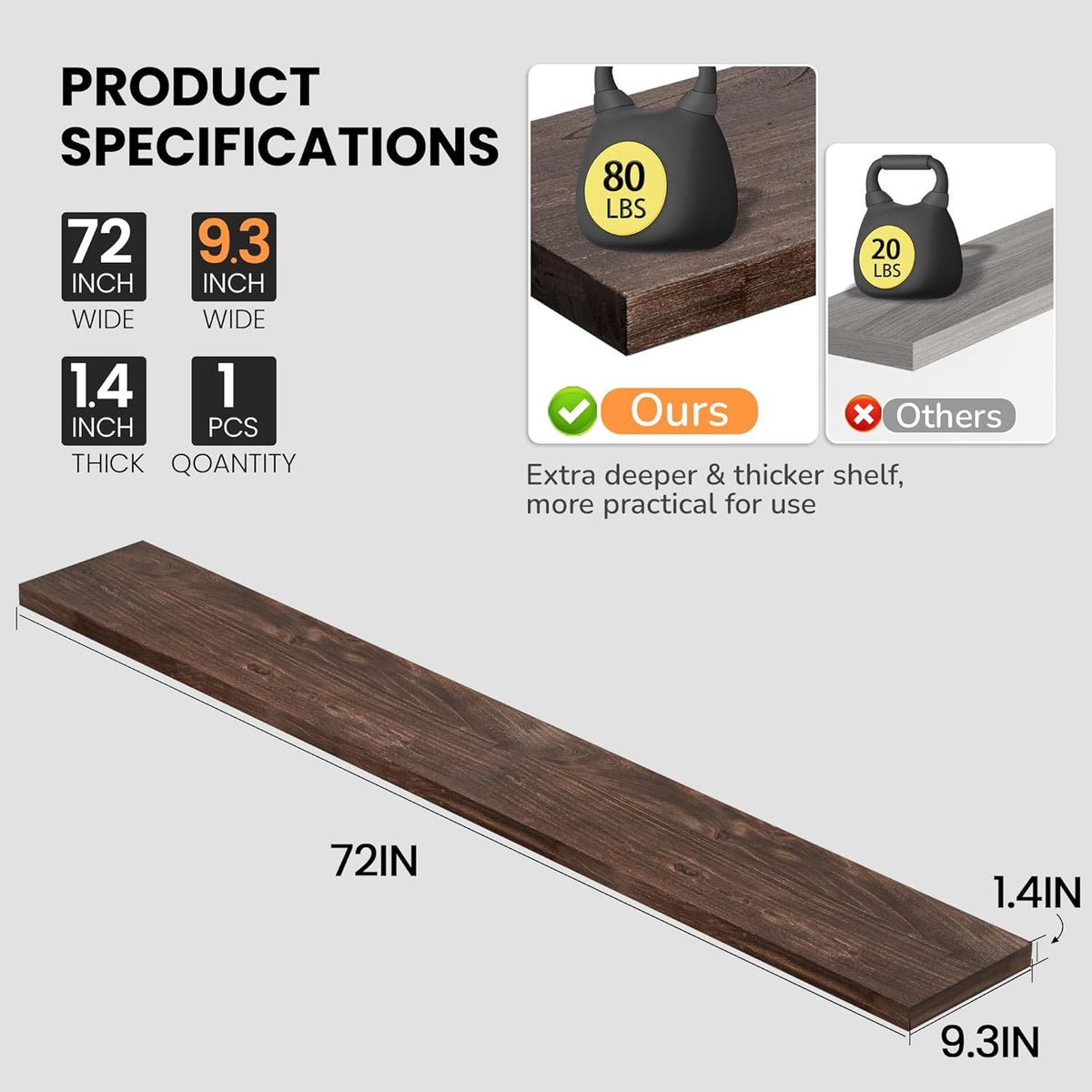 Fun Memories Floating Shelves for Wall, 72"x9.3" Rustic Solid Elm Wood Wall Shelves, Heavy-Duty