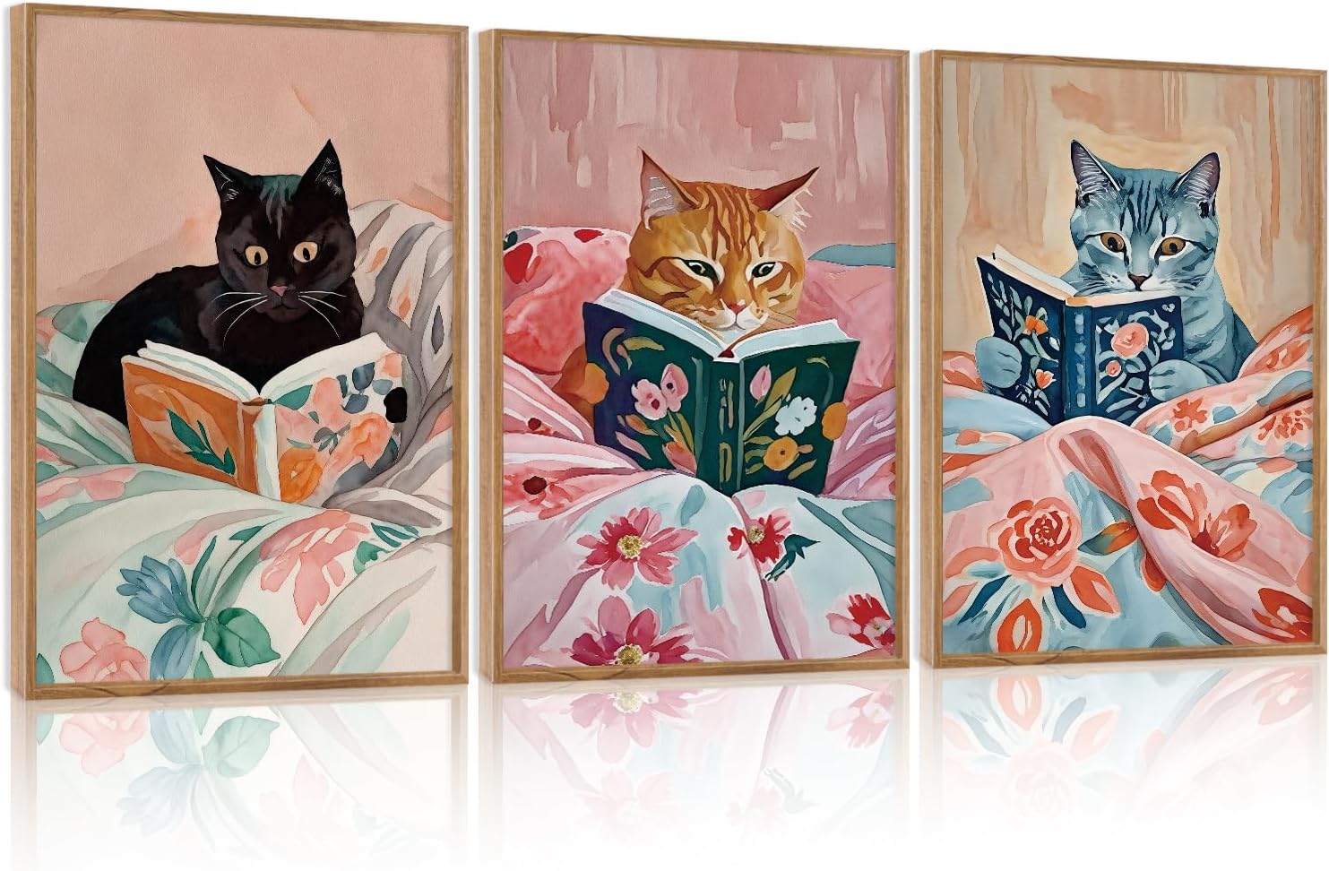 HPNIUB Framed Vintage Black Cats Canvas Wall Art, Funny Animal Reading Books Poster Printing