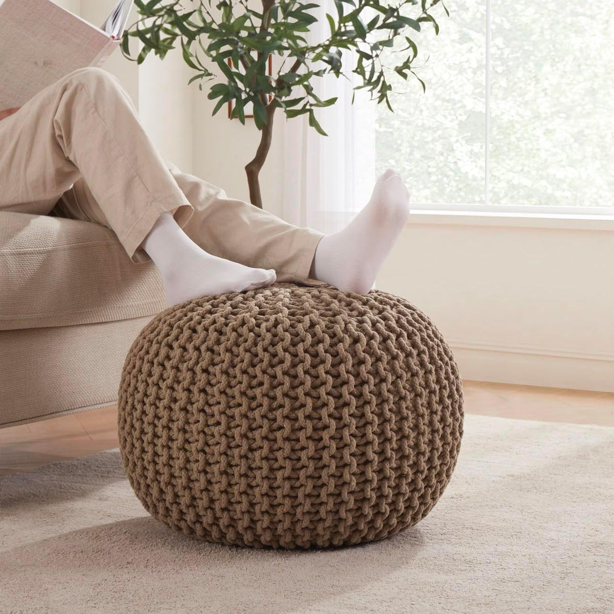 Ornavo Home Pouf Ottoman Foot Rest - 100% Cotton Pouffe - Hand Knitted Cable Braid Cord - Boho