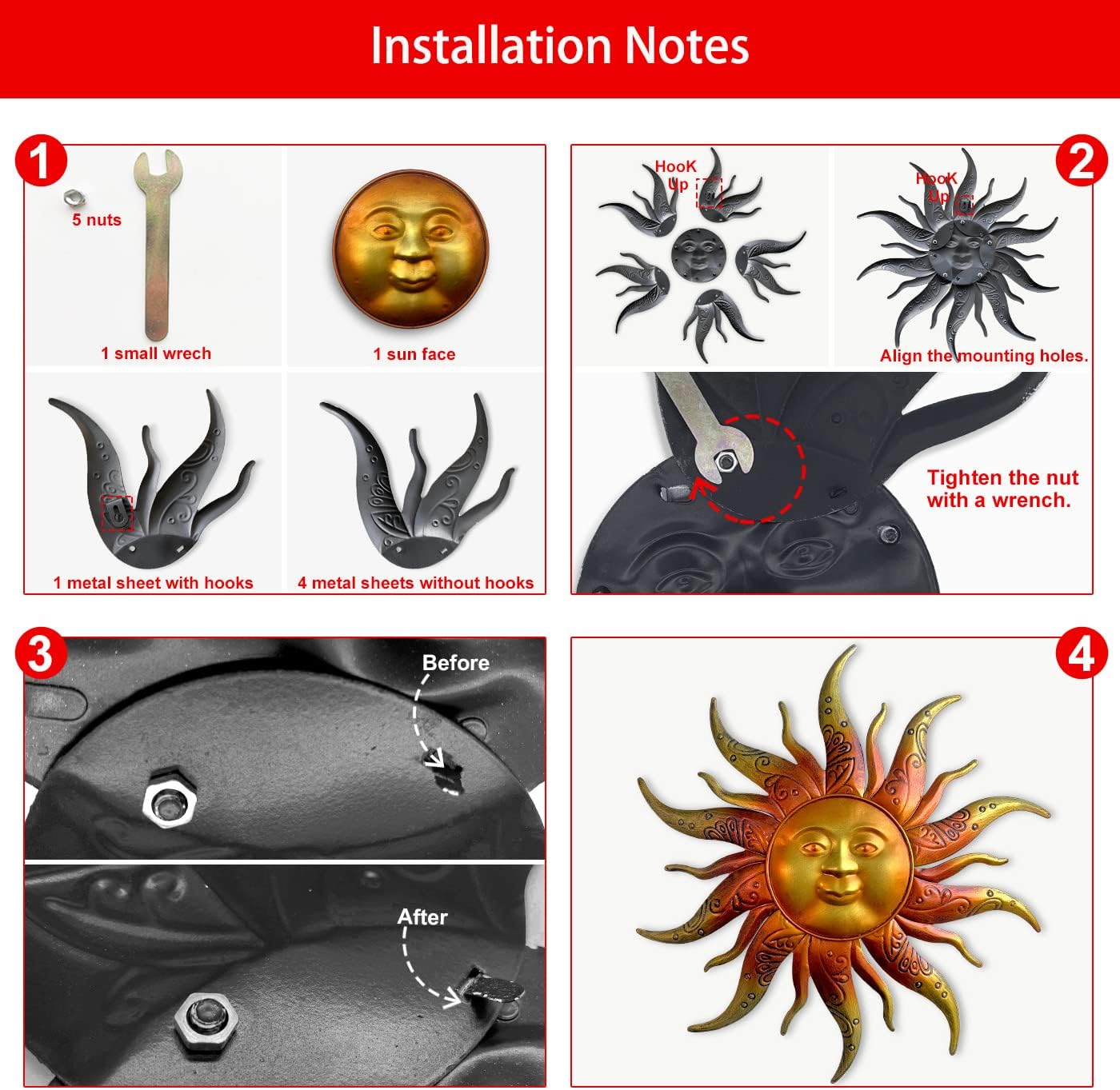 Metal Sun Wall Art Decor-17.3 inches Rustic Retro Metal Sun Hanging Decoration for Indoor