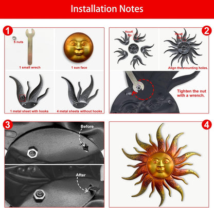 Metal Sun Wall Art Decor-17.3 inches Rustic Retro Metal Sun Hanging Decoration for Indoor