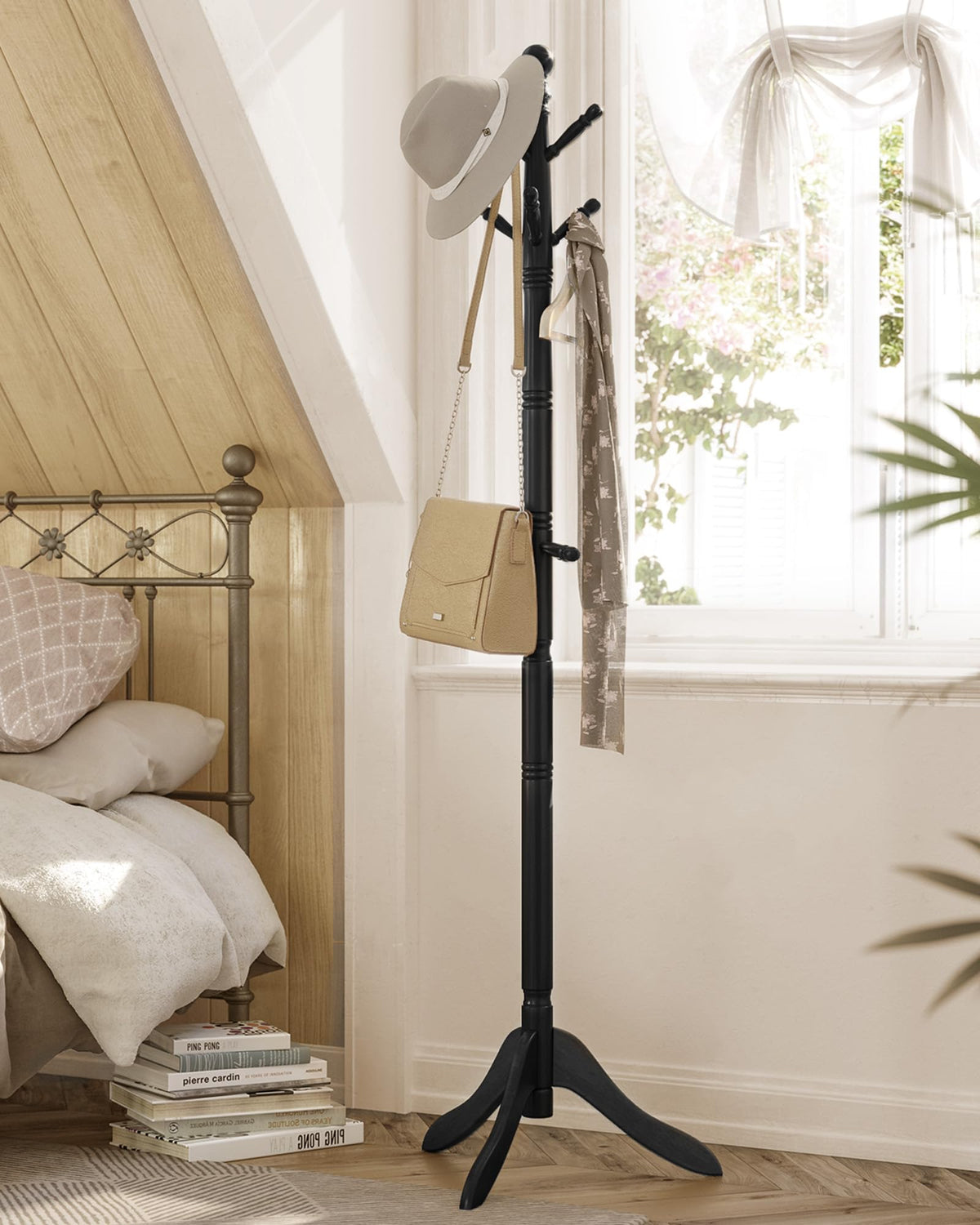 VASAGLE Solid Wood Coat Rack and Stand, Free Standing Hall Coat Tree with 10 Hooks for Hats, Bags