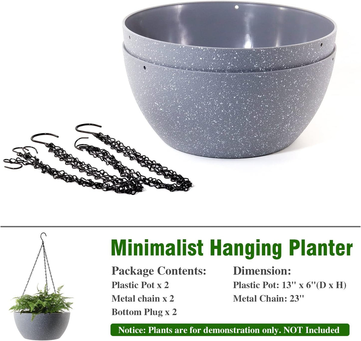 13 inch Large Hanging Planters Plant Pots for Outdoor Indoor Plants with Drainage Holes and Chain