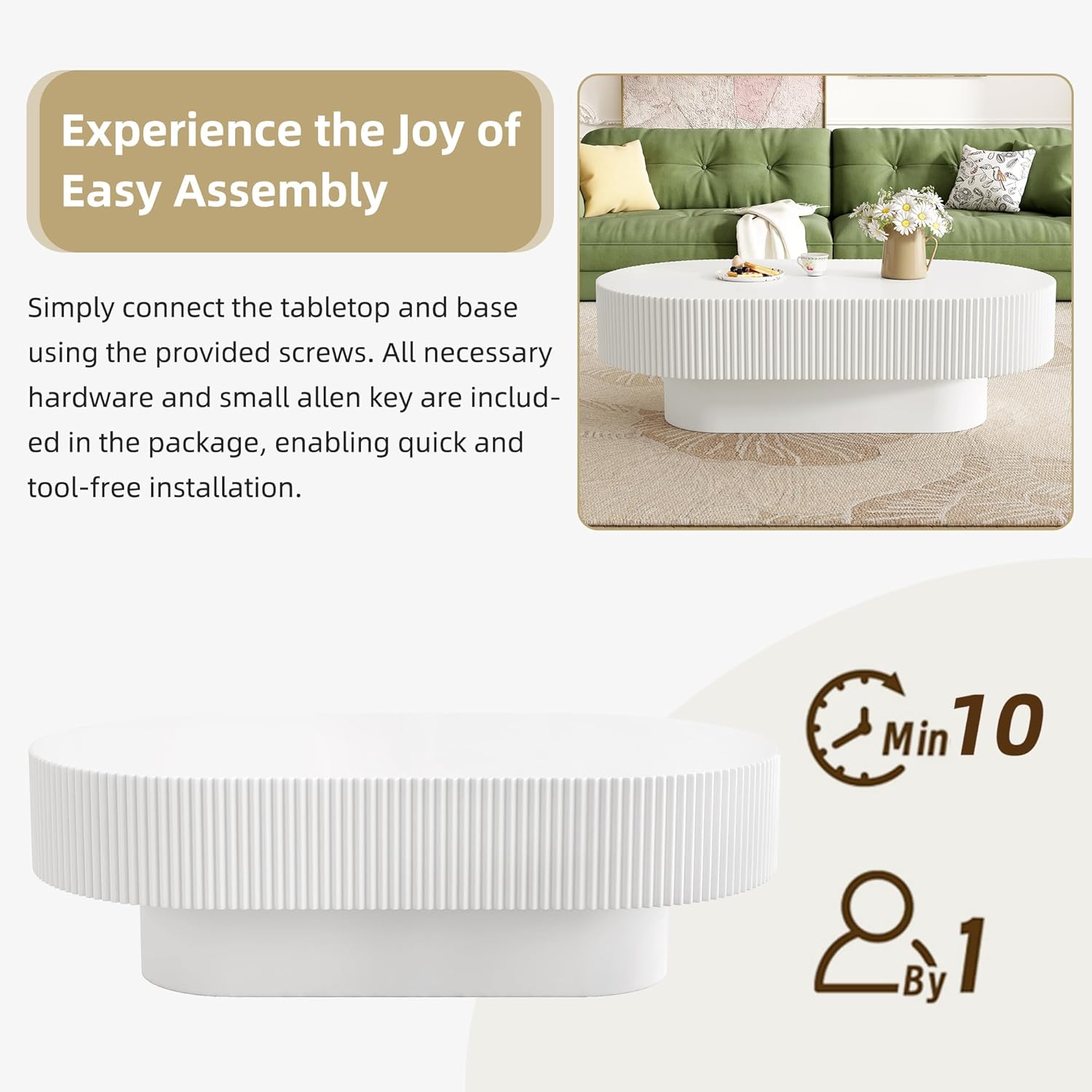 43.3" Oval Fluted Coffee Table Modern Elegant Drum End Table, Minimalist Center Table 7.8" Thick