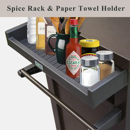 Domi Grill Carts Outdoor with Storage and Wheels, Whole Metal Portable Table and Storage Cabinet