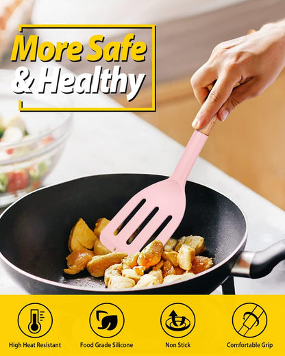 Pack of 2 Silicone Cooking Spatula, Heat Resistant Solid Turner, Non Stick Slotted Spatulas with