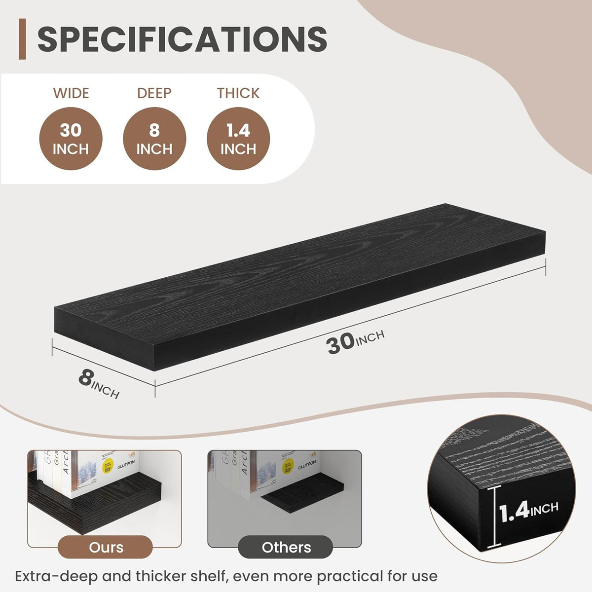 30 Inch Floating Shelves, 8 Inch Deep Floating Shelves for Wall, Hanging Shelf with Invisible