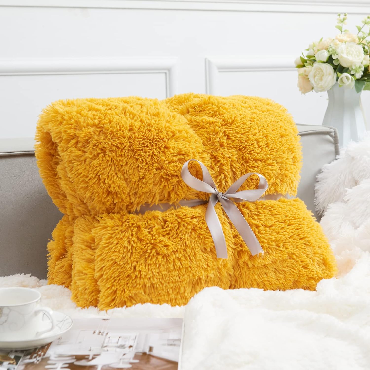 GONAAP Fuzzy Faux Fur Throw Blanket Queen Size Mustard Yellow Super Soft Cozy Plush Fuzzy Shaggy