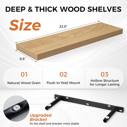 Fun Memories Floating Shelves for Wall, 22.5" Rustic Wood Deep Wall Mounted Shelves with Invisible