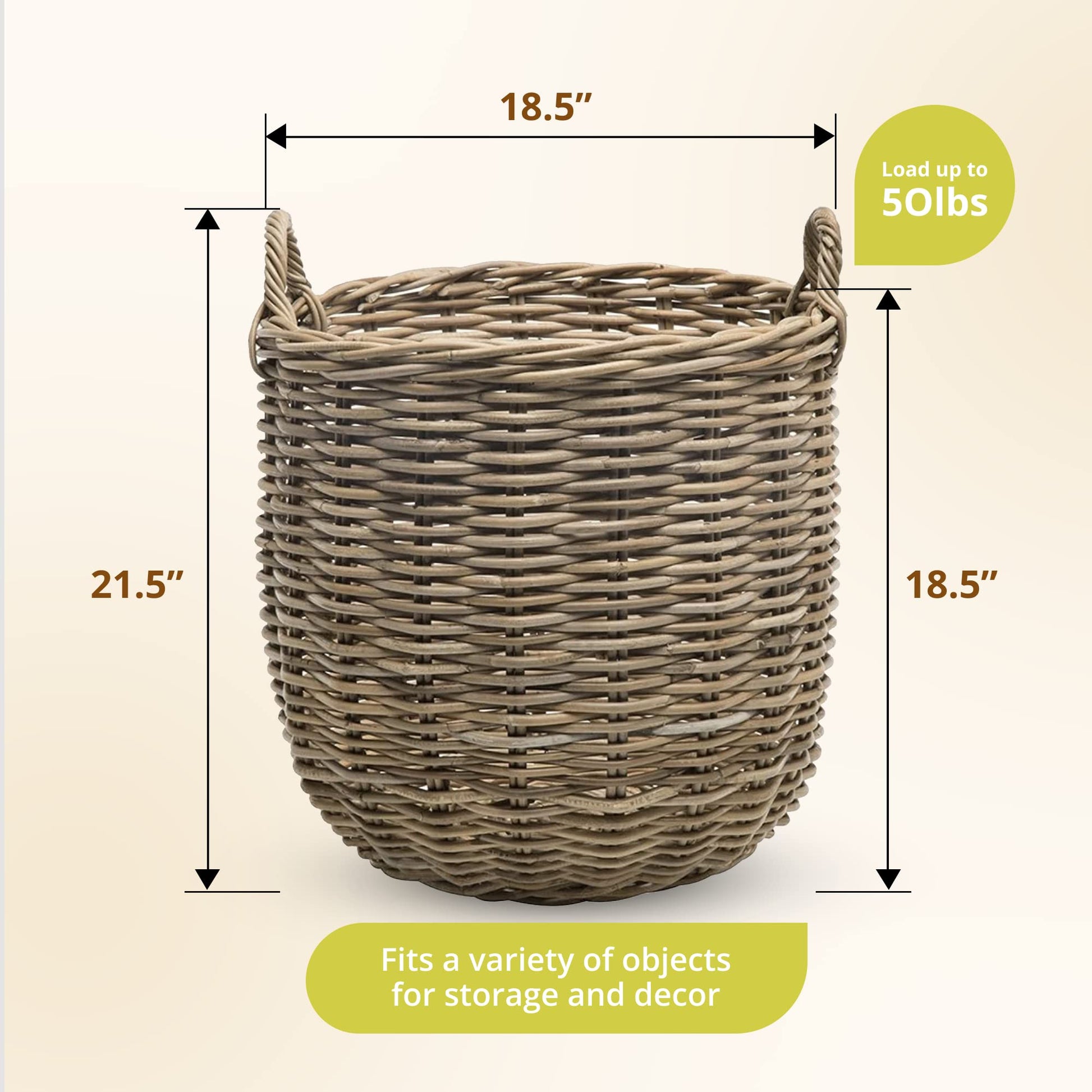 KOUBOO Rattan Kobo Round Storage Basket with Handles, Gray Brown, Large