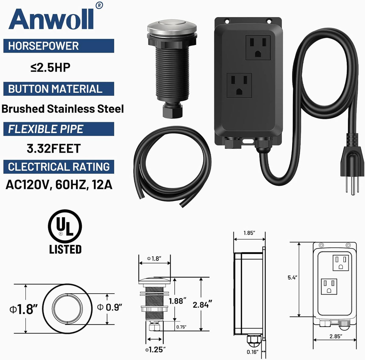 Garbage Disposal Air Switch Kit -Professional- Dual Outlet, Sink Top Waste Disposer On/Off, Garbage