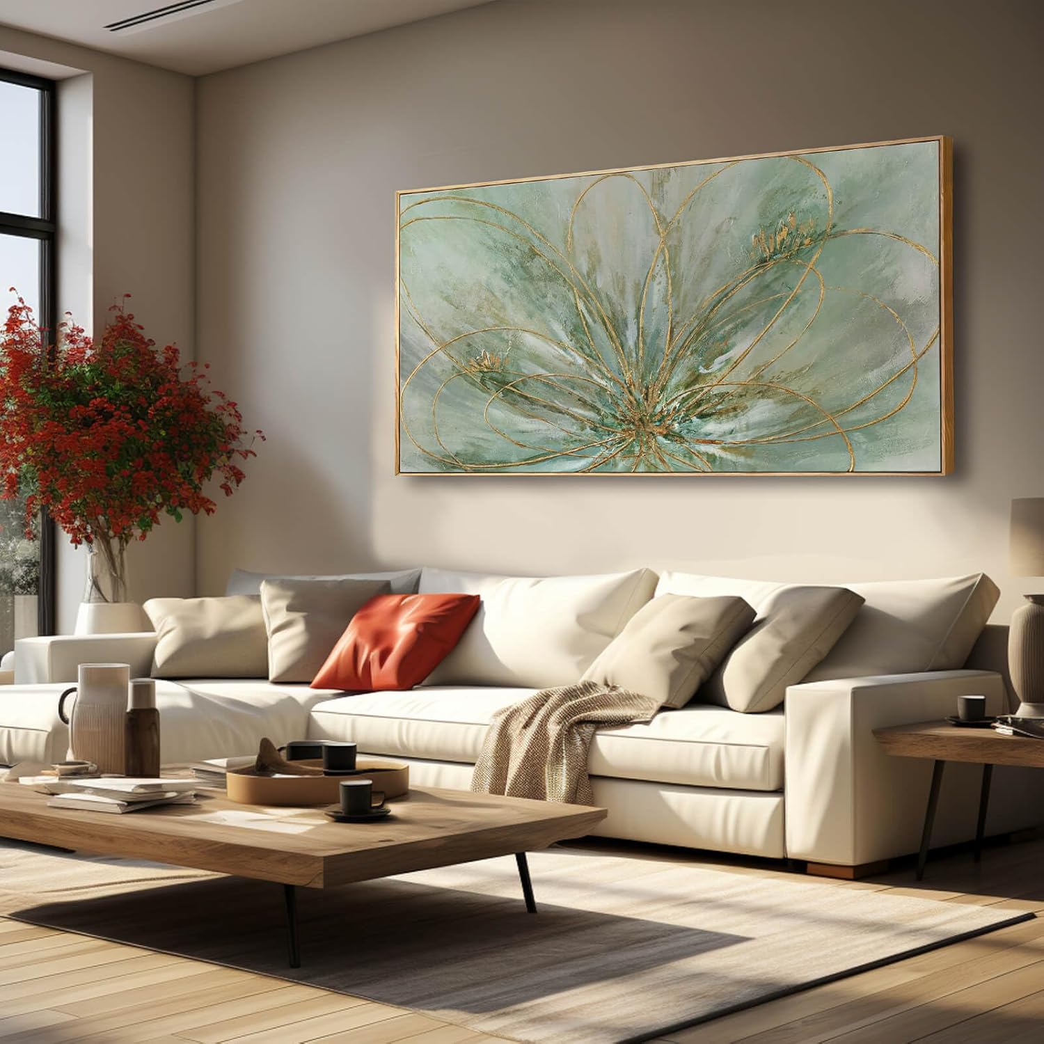 Framed Canvas Prints Gold Line Poster Abstract Wall Ar Green Pictures Wall Decor 29"x 58" Modern