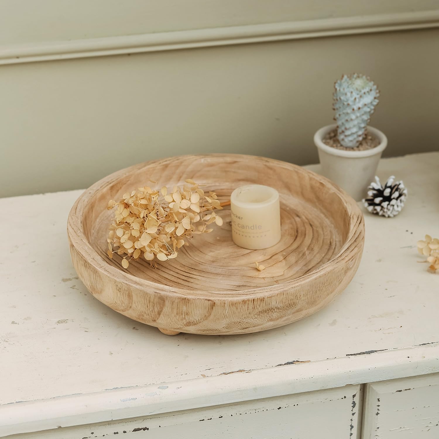 NIKKY HOME 12" Hand Carved Dough Bowls, Paulownia Wood Round Serving Bowl Decorative Wooden Tray