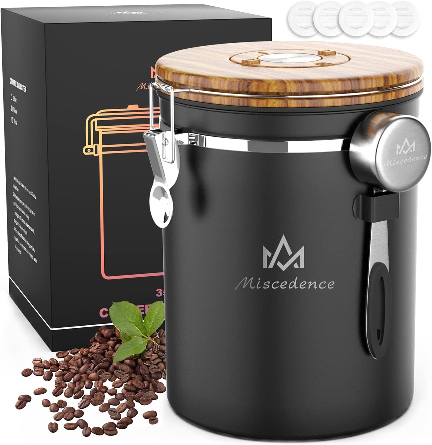 35OZ Coffee Canister for ground coffee with Date Tracker,Wood grain lid 304 Stainless Steel Kitchen