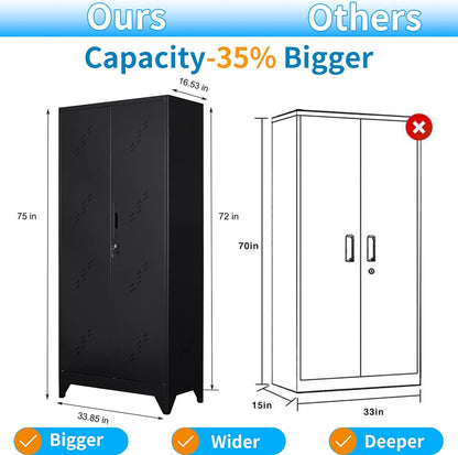 75" Metal Storage Cabinet, Tool Cabinets with Hooks, Garage Storage Cabinet with Lock, Heavy-Duty