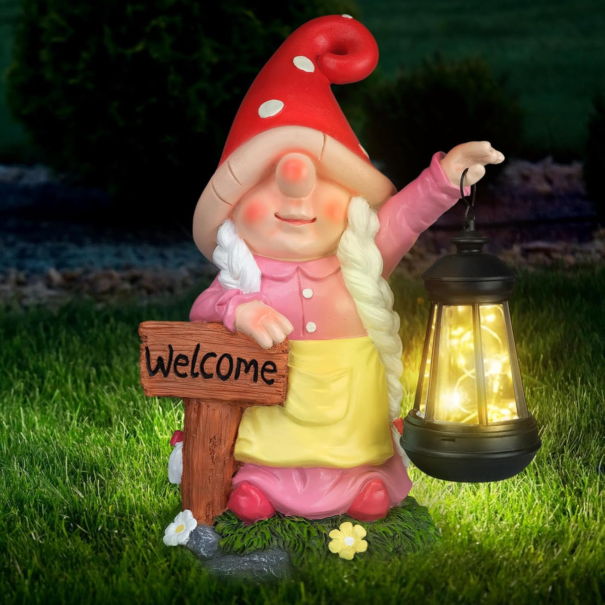 Solar Garden Gnome Statue Holding LED Lantern with Welcome Sign Outdoor Ornaments Waterproof