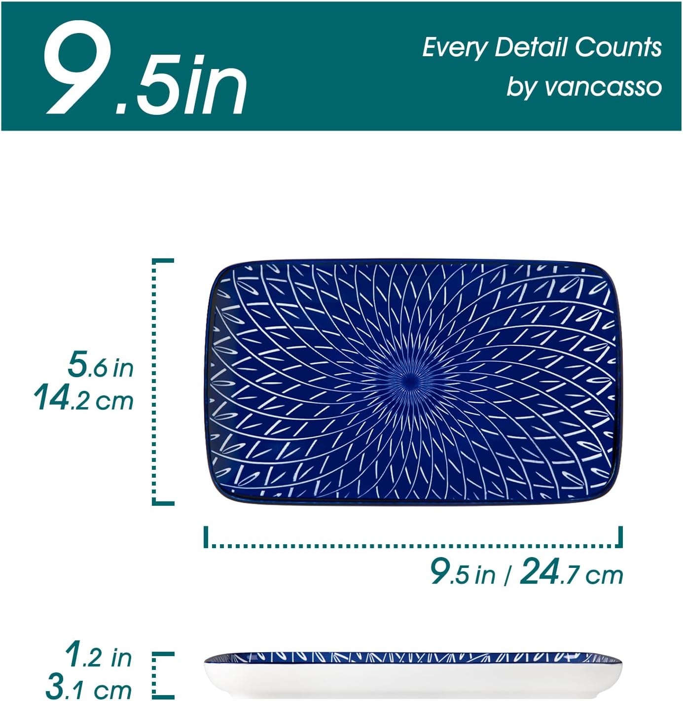 vancasso Selene 9.5 Inch Rectangular Dinner Plates Set of 6, Ceramic Salad Plates for Dessert