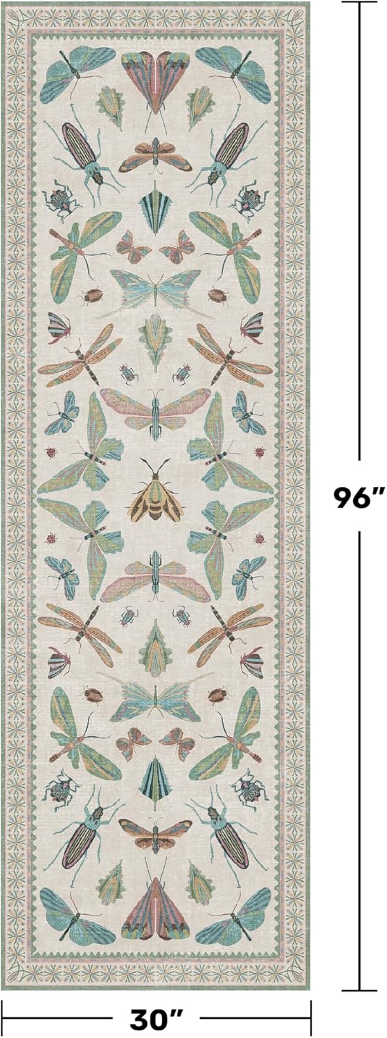 Insect Print Long Hallway Runner Rug - Light Green Rug for Kitchen Floor, Entryway Runner Rug