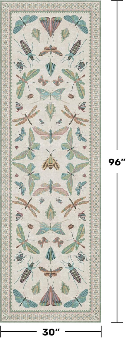 Insect Print Long Hallway Runner Rug - Light Green Rug for Kitchen Floor, Entryway Runner Rug