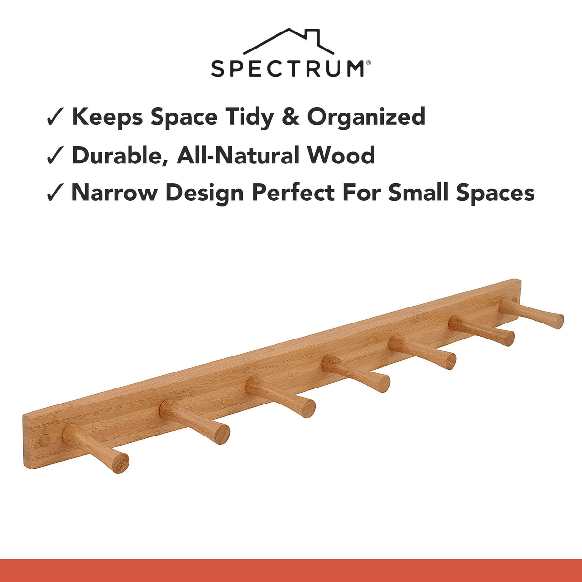 Spectrum 7 Peg Wall Mount Peg Rack Wooden Storage Organizer for Coats Hats Purses Towels, Includes