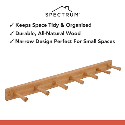 Spectrum 7 Peg Wall Mount Peg Rack Wooden Storage Organizer for Coats Hats Purses Towels, Includes