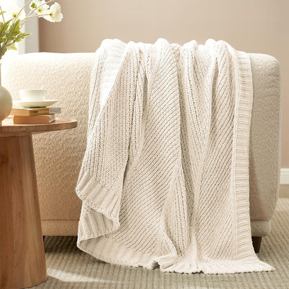 Amélie Home Chenille Knit Throw Blanket for Couch, Chevron Texture Decorative Soft Blanket for