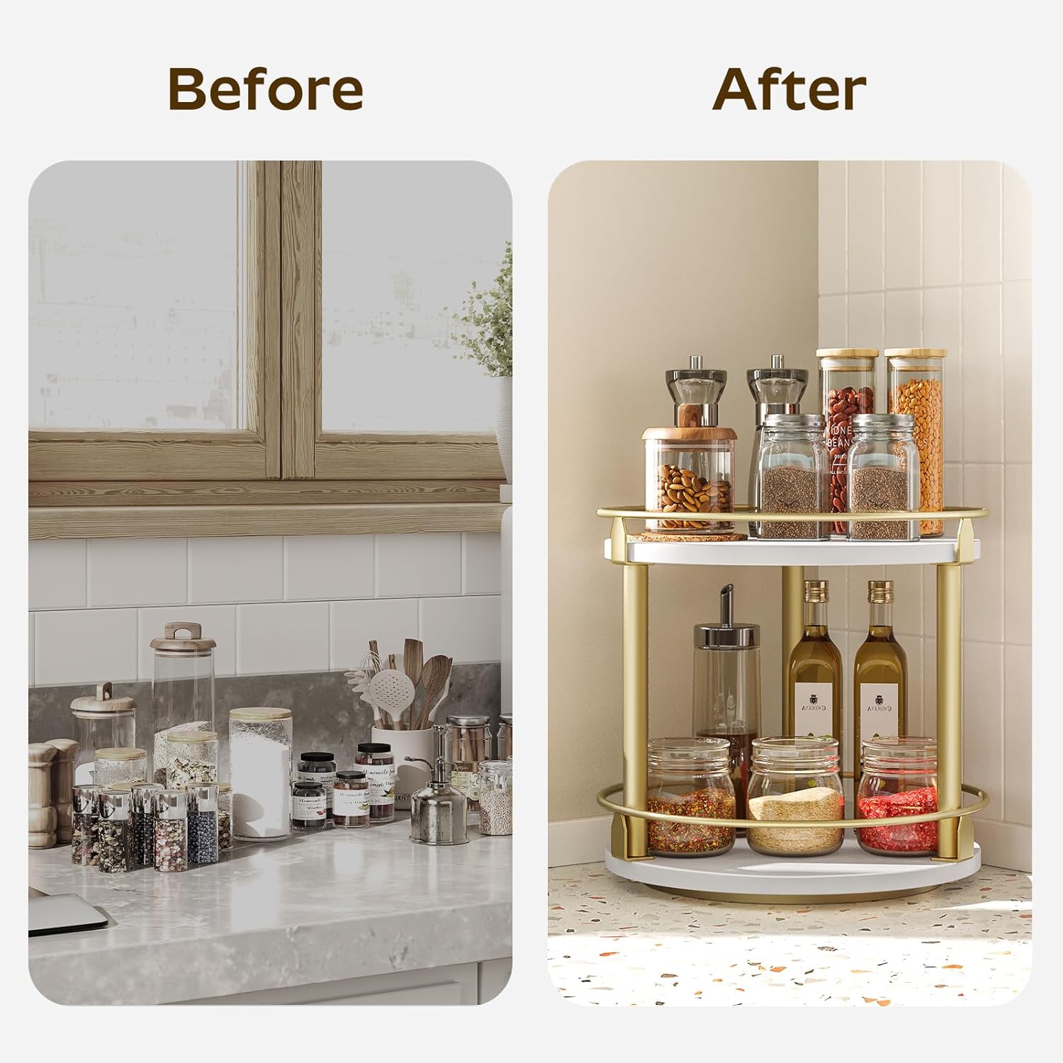 Lazy Susan Organizer, Rotating Spice Rack, 2 Tier Spice Turntable Organizer, Industrial Turntable