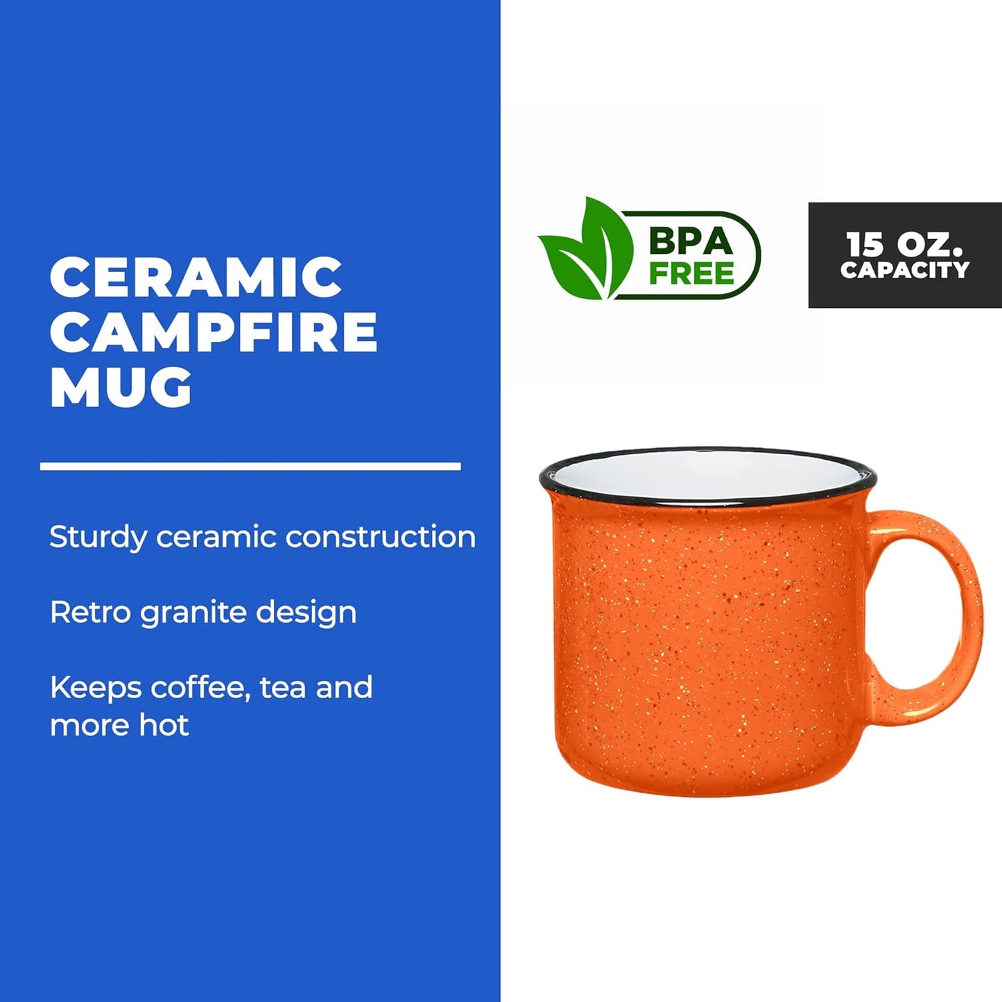 Set of 8 Ceramic Campfire Mugs – 15 Oz, Orange – Coffee & Tea Cups for Home, Work, Travel, Camping