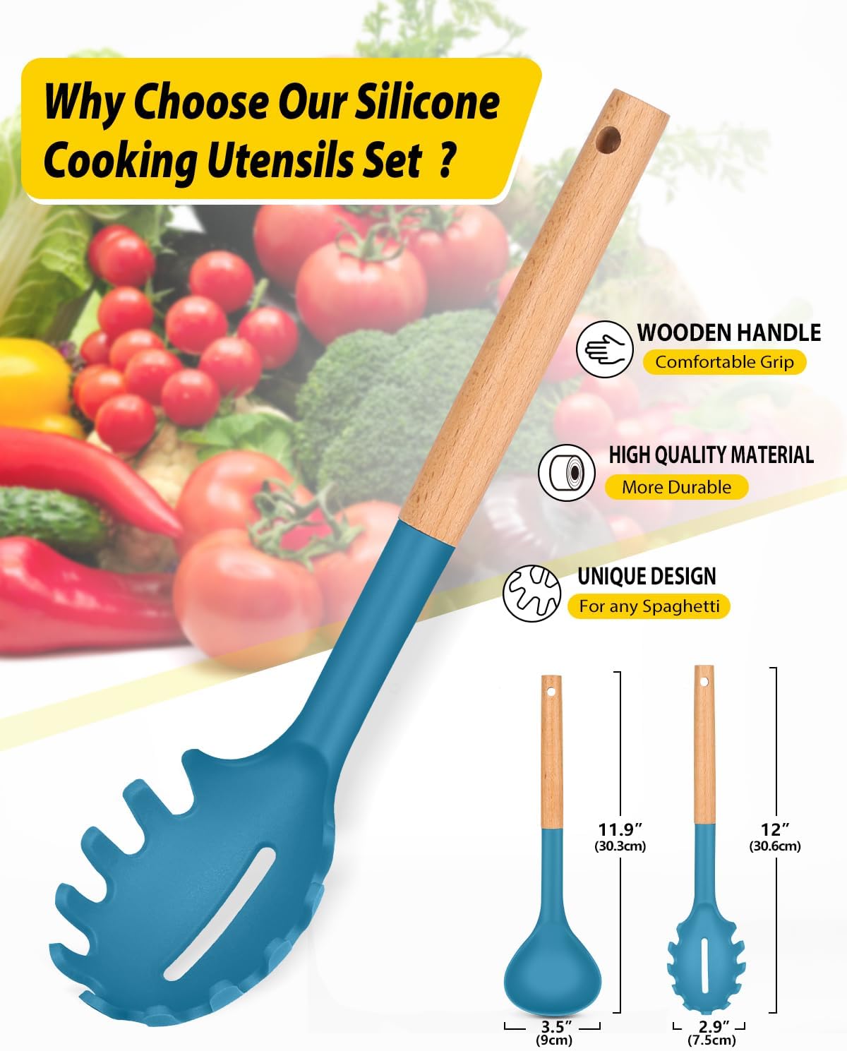 Silicone Pasta Fork and Ladle Spoon Set with Wooden Handle, Heat Resistant Non Stick Kitchen
