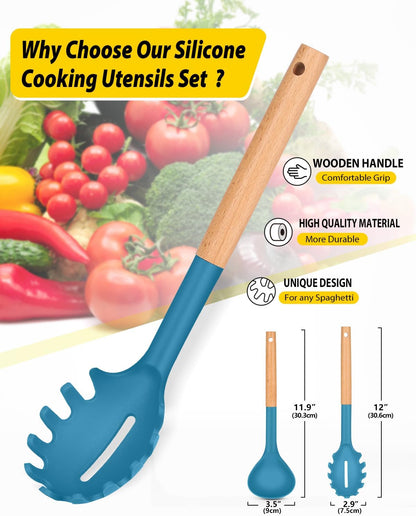Silicone Pasta Fork and Ladle Spoon Set with Wooden Handle, Heat Resistant Non Stick Kitchen