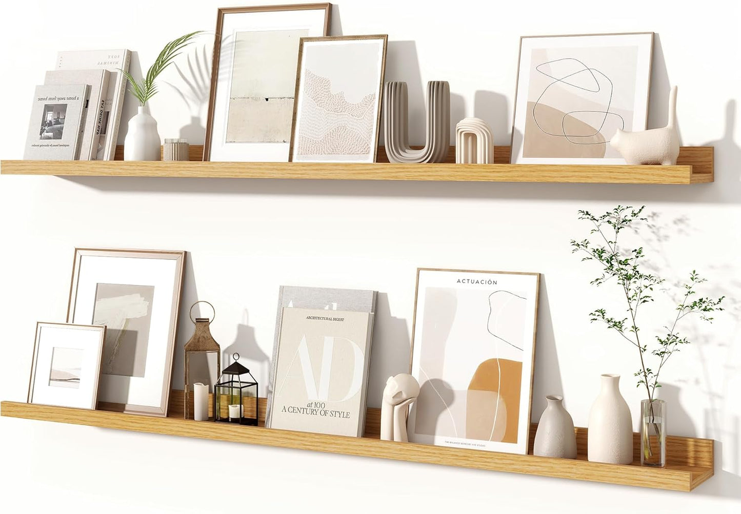 Fun Memories Picture Ledge Shelves Set of 2, 48 Inch Rustic Wall Mounted Floating Shelves with Lip