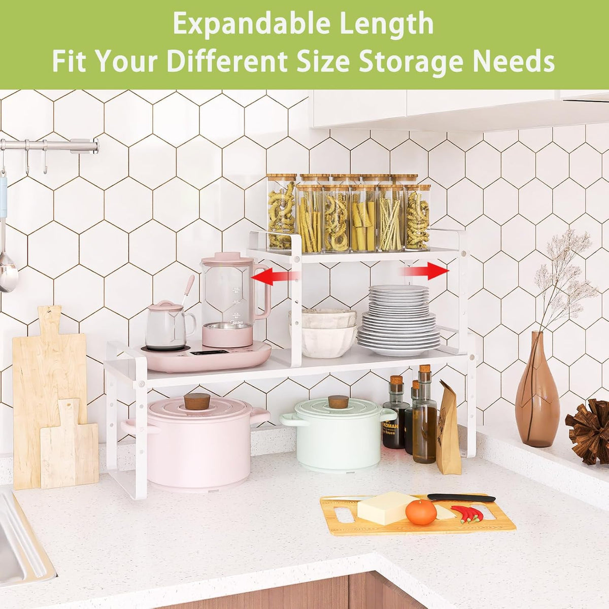 Expandable Cabinet Shelf Organizer Rack, Stackable Kitchen Counter Storage Shelves Stand