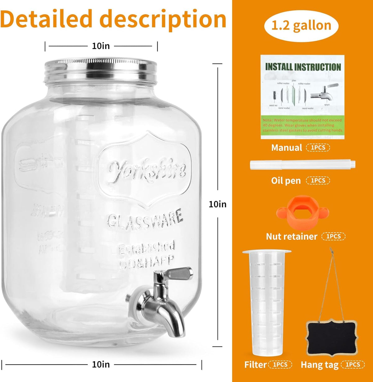 DD&HAPP Glass Beverage Dispenser With Stainless Steel Spigot,1.2 Gallon Mason Jar Drink