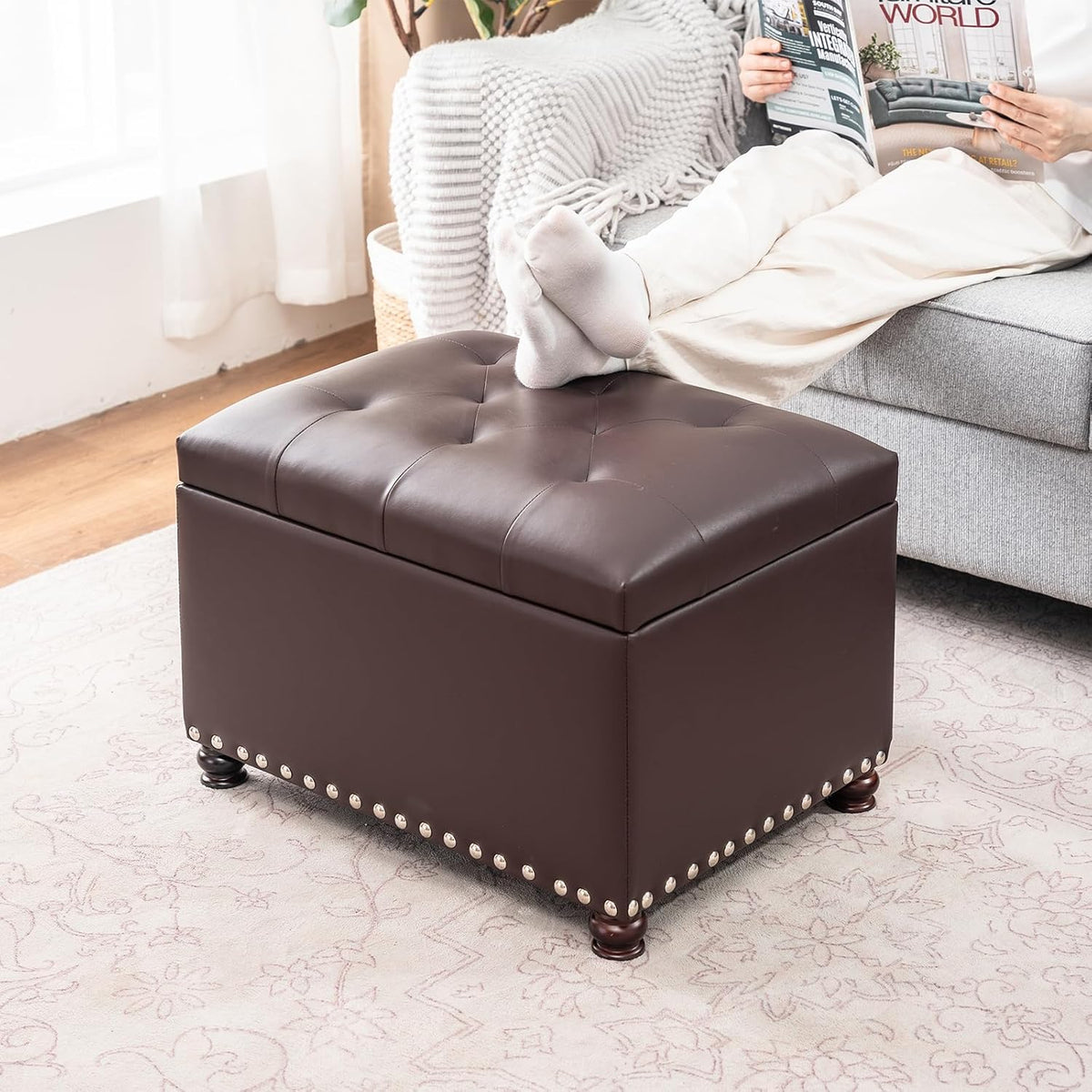 Joveco Leather Storage Ottoman Bench Rectangle 24 Inch Foot Rest Ottomans Stool for Living Room