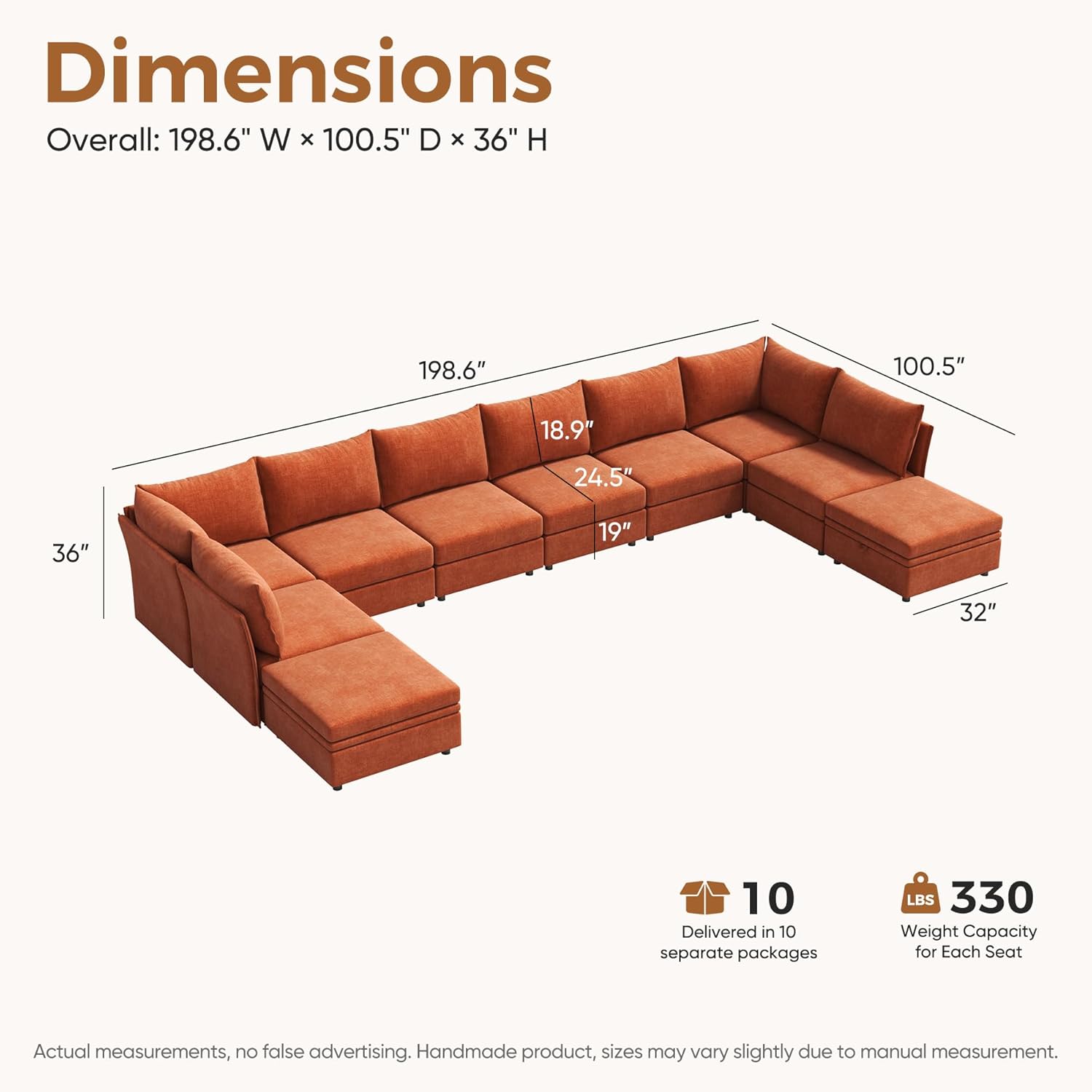 198.6" Oversized Modular Sectional Sofa, U Shaped Convertible Couch with Movable Ottoman, Large 10