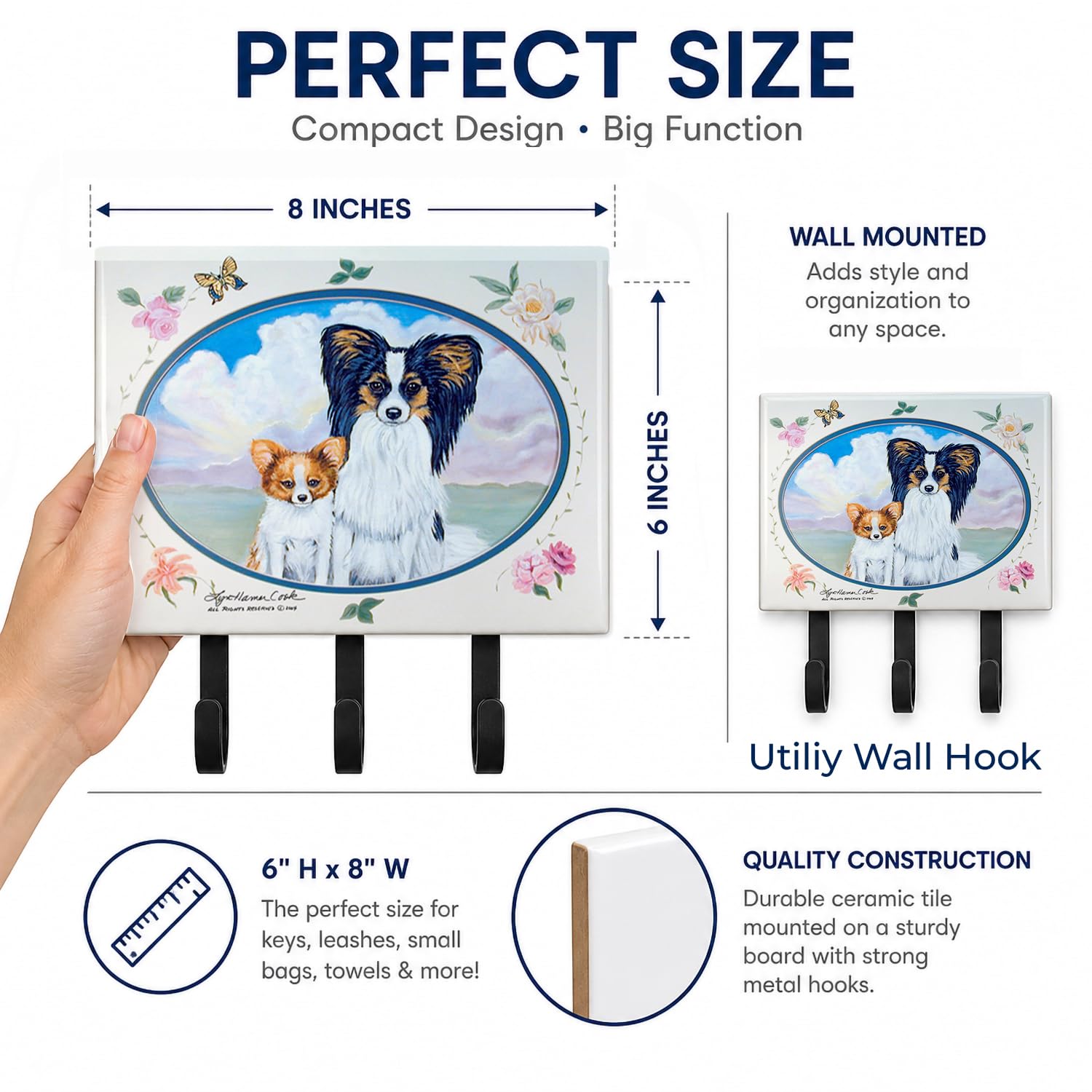 Caroline's Treasures 7243TH68 Papillon Leash or Key Holder, Wall Hooks, Key Hooks Holder, Coat Rack