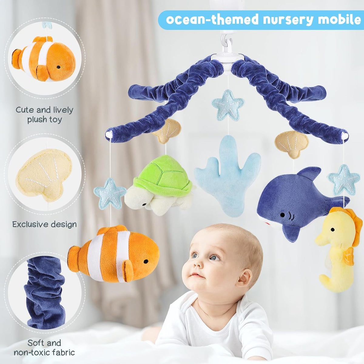 Ocean Animals Baby Crib Mobile - Musical Baby Mobile for Crib with 12 Lullabies for Boys & Girls