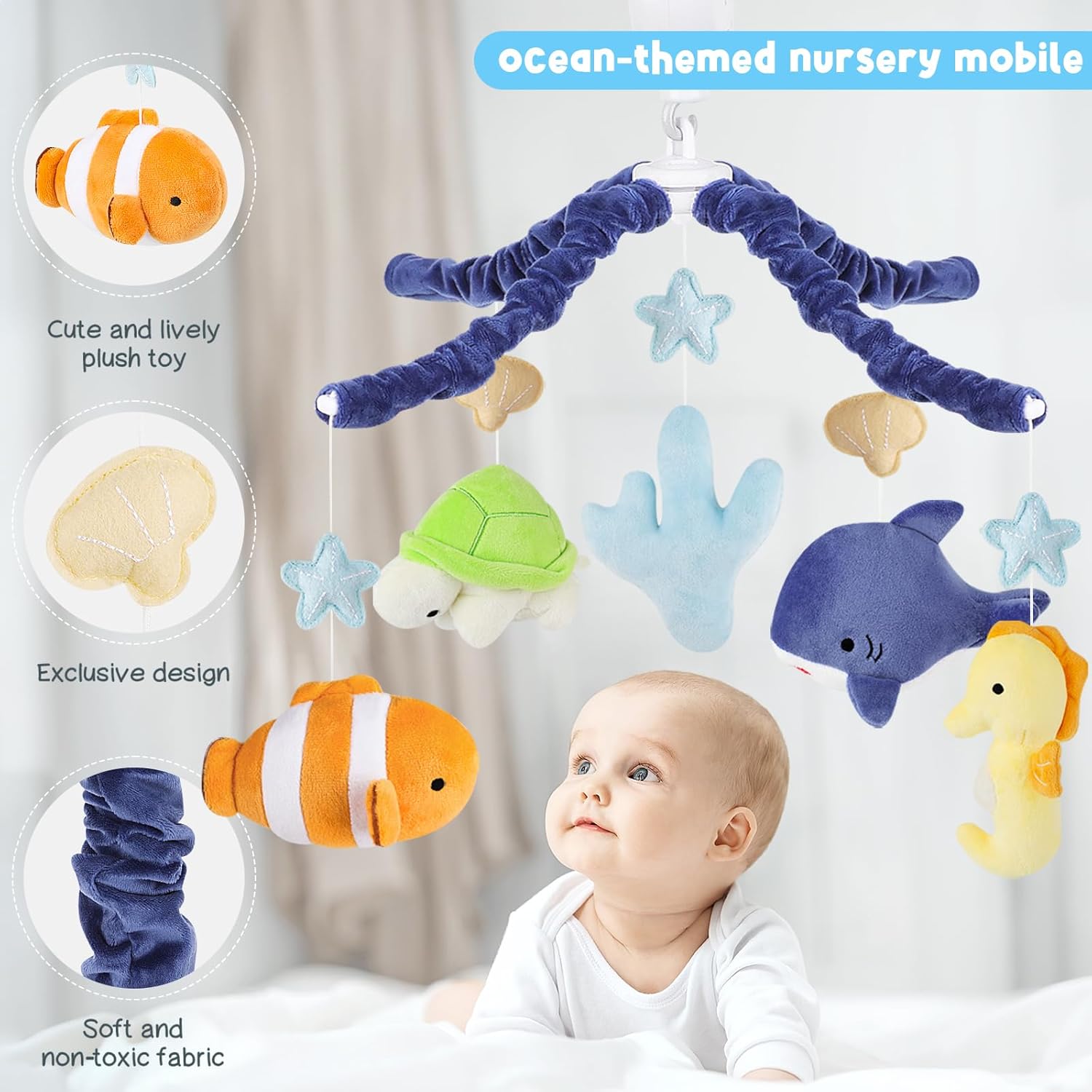 Ocean Animals Baby Crib Mobile - Musical Baby Mobile for Crib with 12 Lullabies for Boys & Girls