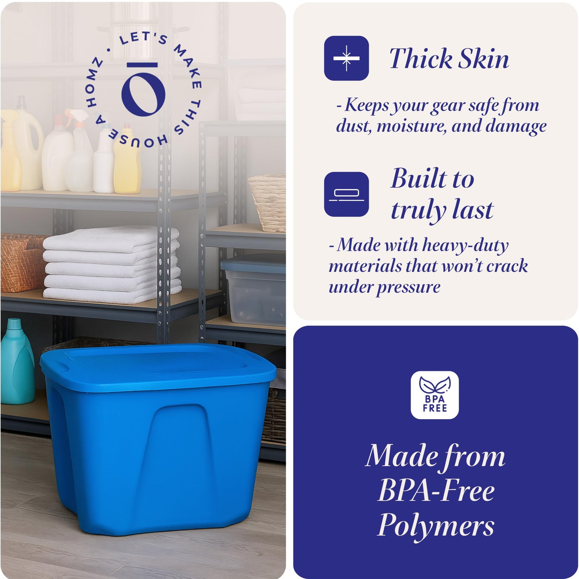HOMZ 4-Pack Durable Molded Bin, Plastic Storage Containers w/Lids, 18 Gallon, Blue - Stackable