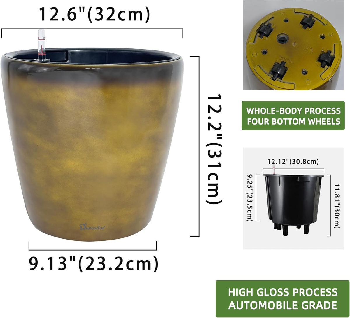 Dexceder 13x12 Self Watering Planter with Wheels Indoor Outdoor, Inner Pot Design, Thickened Large