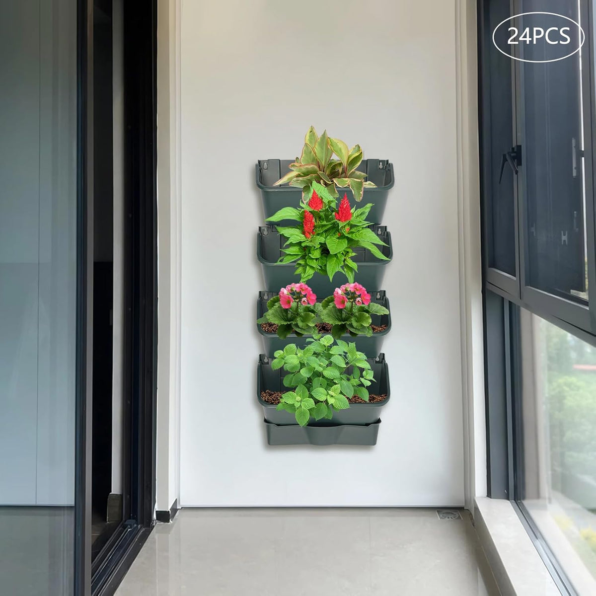24Pack Vertical Wall Garden Planter, 13 inch Wall-mounted Garden Planters, Stackable Hanging